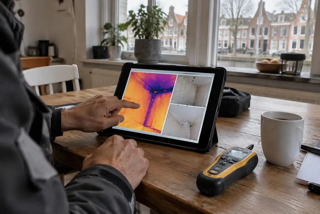 Lekdetectie Eerbeek – lekdetectierapport met warmtebeelden en foto's op een tablet